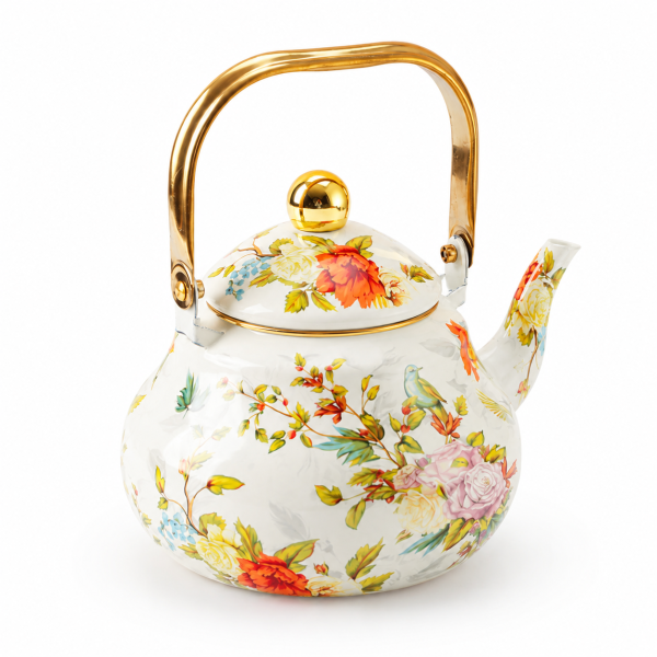{Gold Handle and lid button) Vintage thick enamel enamel pot European enamel teapot , Flowers and birds-1.5L