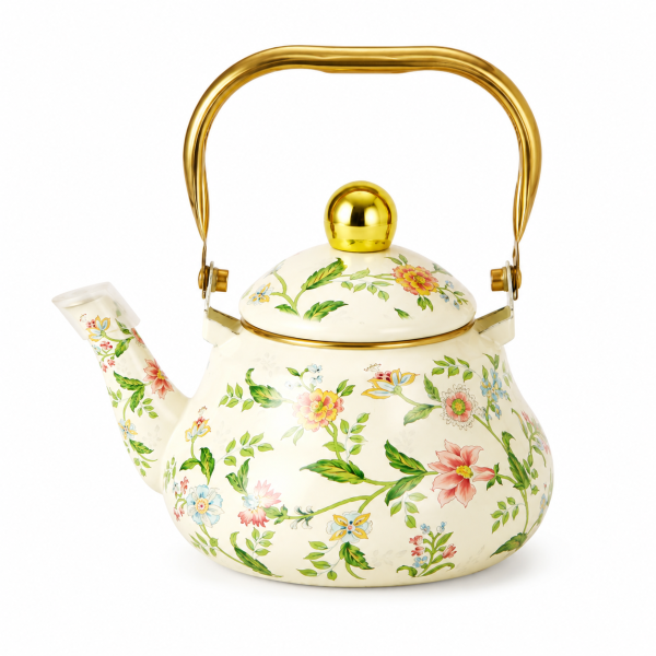 11b855d0-e005-4ec0-b5a6-a27323b05bc1 (Black peony pear / shaped teapot with gold handle), Vintage thick enamel enamel pot European enamel teapot Black peony-2.0L