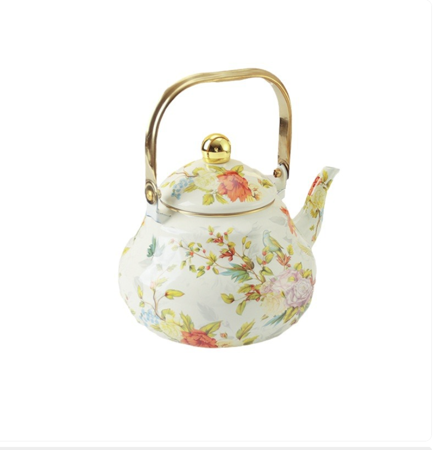 Screenshot 2026-02-02 at 16.59.10 {Gold Handle and lid button)Vintage thick enamel enamel pot European enamel teapot , Flowers and birds-2.0 L