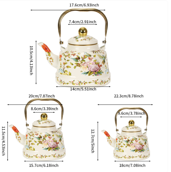 Vintage thick enamel enamel pot European enamel teapot, (Antique gold / handled floral clock),Ancient clock flowers and bird-2.5L,