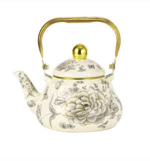 (Black peony pear / shaped teapot with gold handle), Vintage thick enamel enamel pot European enamel teapot Black peony-2.5L