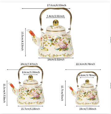 Vintage thick enamel enamel pot European enamel teapot,  Ancient clock flowers and bird-1.1L