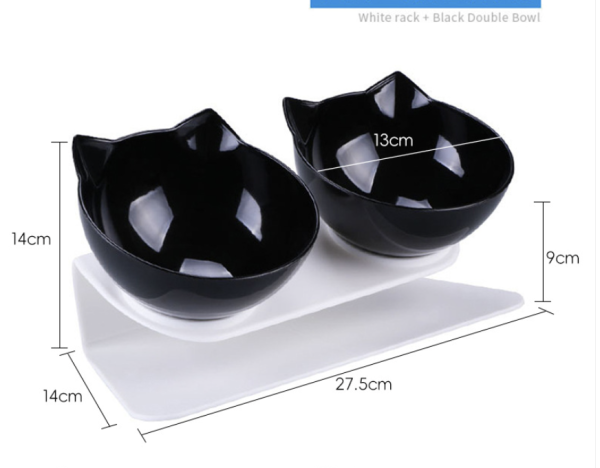 Elevated Cat Bowl Dog Bowl Pet Double Bowl Protection Cervical Spine Cat Eating Utensils,  Black double bowl (white base)