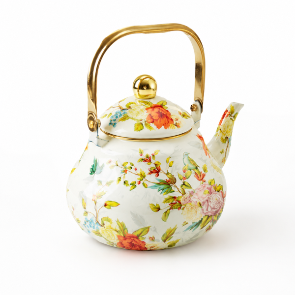 Vintage thick enamel enamel pot European enamel teapot , Flowers and birds-1.5L