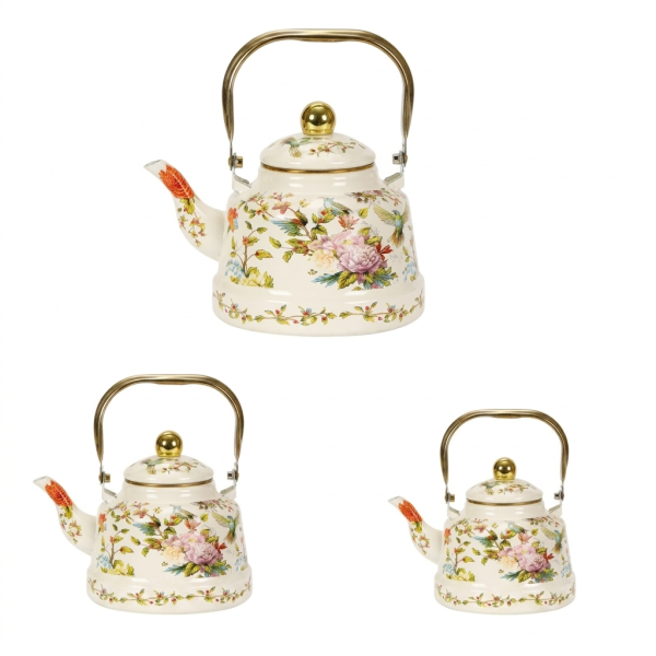 crude Vintage thick enamel enamel pot European enamel teapot, (Antique gold / handled floral clock),Ancient clock flowers and bird-2.5L,