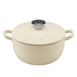 fn Smeg Smeg 4.2L Enamel Pot 24cm Cast Iron Pot Retro Enamel Gas Stove Induction Cooker Universal with Lid, 4.2L-cream white (Weighs 4800grams)
