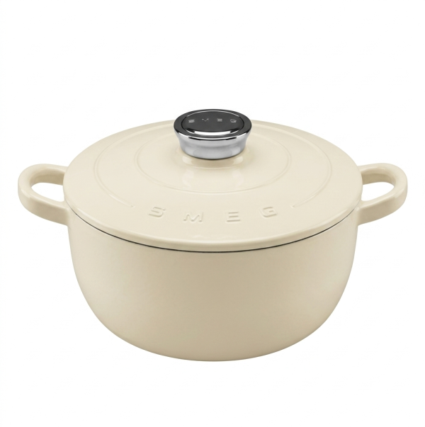 fn Smeg Smeg 4.2L Enamel Pot 24cm Cast Iron Pot Retro Enamel Gas Stove Induction Cooker Universal with Lid, 4.2L-cream white (Weighs 4800grams)