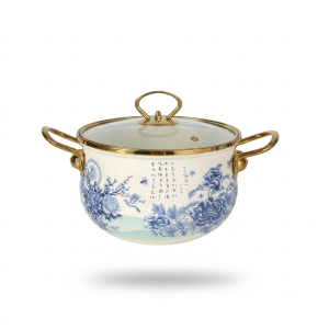10 boutique soup pot enamel pot flower and bird soup pot enamel soup pot medicine pot induction cooker universal soup pot Blue and white exquisite soup -22cm