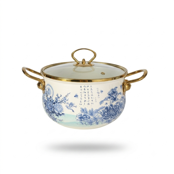 10 boutique soup pot enamel pot flower and bird soup pot enamel soup pot medicine pot induction cooker universal soup pot Blue and white exquisite soup -22cm