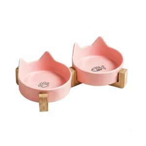 27 Cat Bowl black ceramic dog bowl black bowl cat food bowl dog bowl dog drinking cat food bowl pet water bowl anti-knock Cat Ear pink cat claw fish bone double bowl + double grid wooden frame