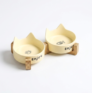 28 Cat Ear yellow cat claw fish bone double bowl + double grid wooden frame