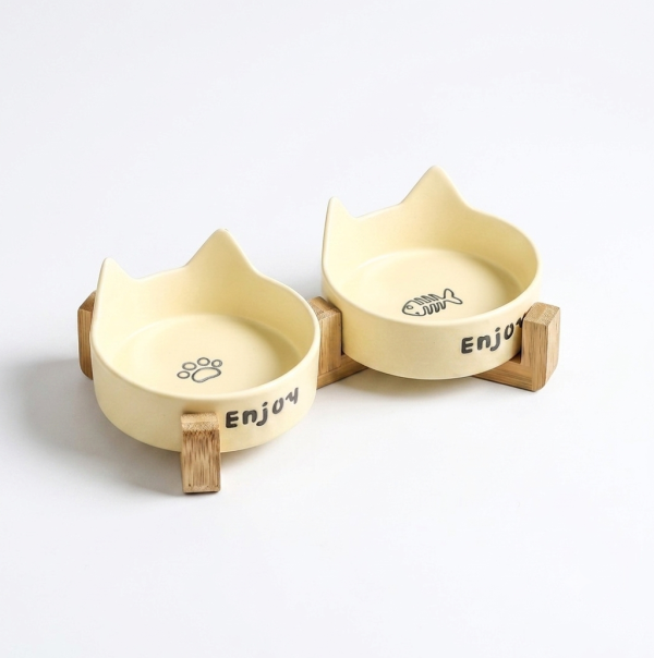 Cat Ear yellow cat claw fish bone double bowl + double grid wooden frame