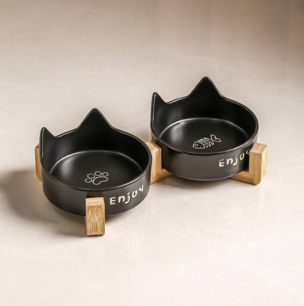 Cat Ear Black Cat Claw fish bone double bowl + double grid wooden frame